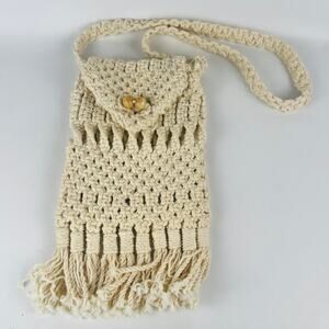 Macramé Cotton Tassel Shoulder Bag Purse Boho; 13” long (bag 9”) x 7” wide.